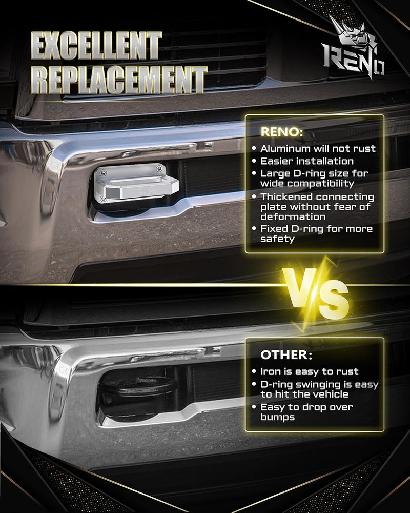 Reno Aluminum Front Tow Hooks, Heavy Duty Show Hook D-Ring Shackle Compatible with 2003-2018 Ram 2500 3500 2WD & 4WD Truck Recovery - Replace OEM 68171791AA, 52020587AB (2Pcs, Silvery) - Image 3